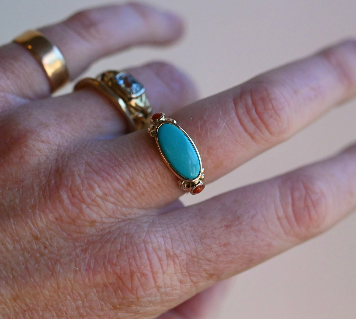 14k Gold Sleeping Beauty Turquoise & Coral Ring - size 6.75 (sizable) - Ready to ship
