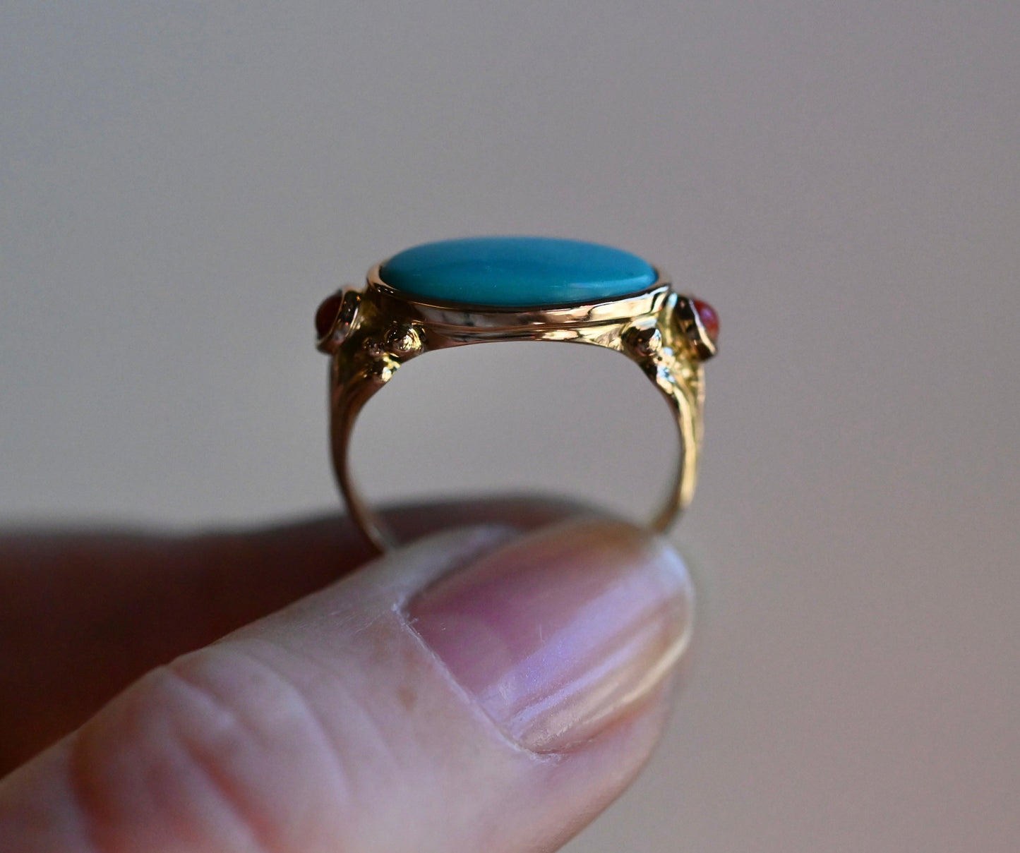 14k Gold Sleeping Beauty Turquoise & Coral Ring - size 6.75 (sizable) - Ready to ship