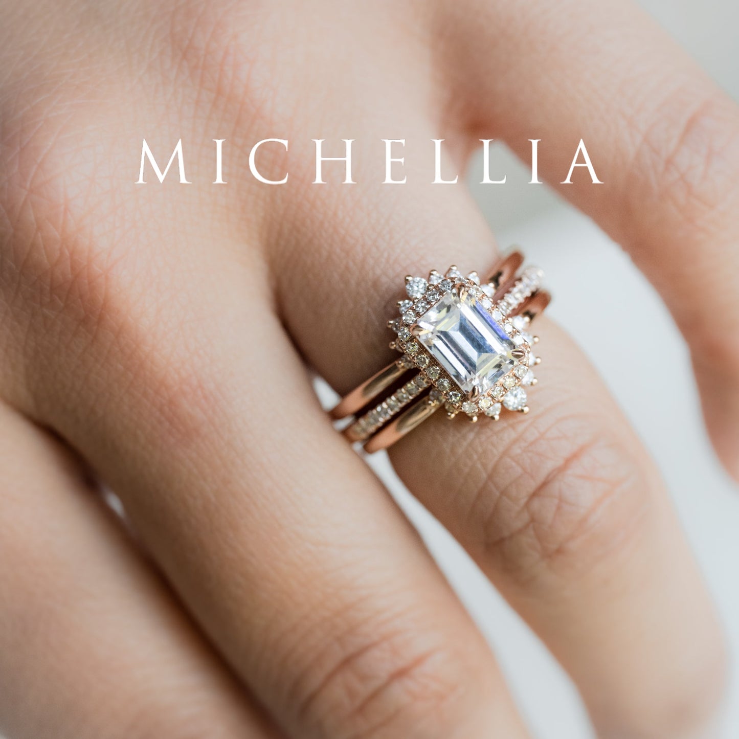 [Kimberly] Halo Diamond Emerald Cut Engagement Ring in Diamond / Moissanite