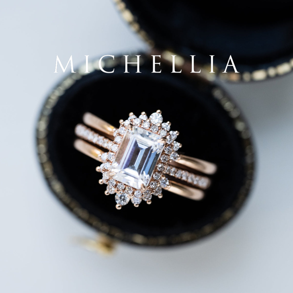 [Kimberly] Halo Diamond Emerald Cut Engagement Ring in Diamond / Moissanite