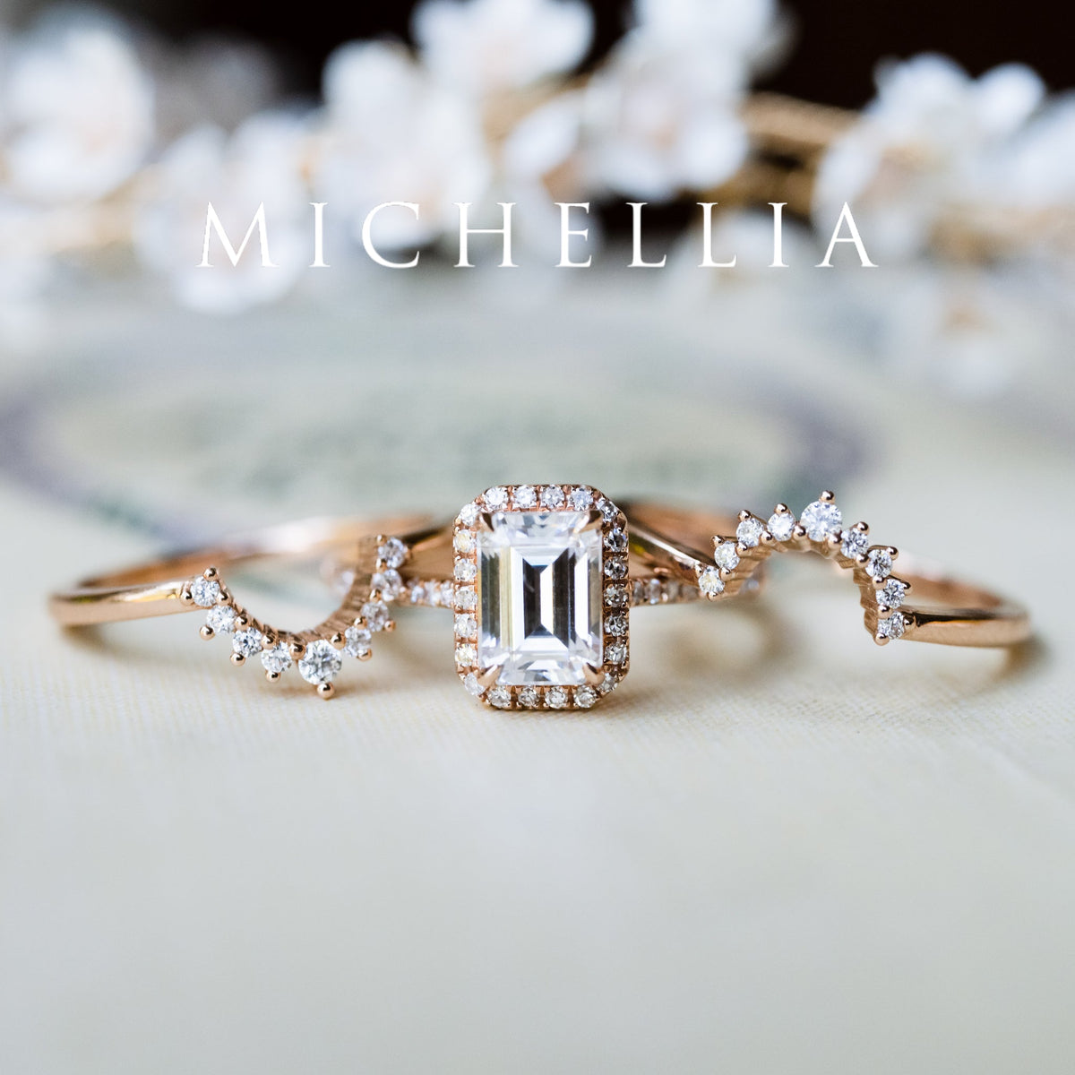 [Kimberly] Halo Diamond Emerald Cut Engagement Ring in Diamond / Moissanite