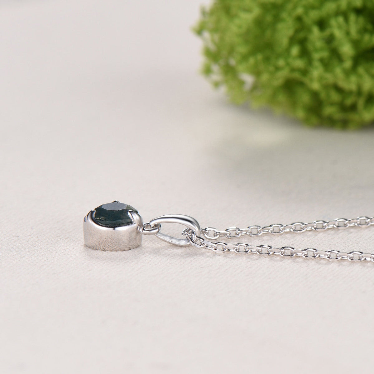 Minimalist Bezel Set Moss Agate Necklace Pendant, Art Nouveau Jewelry