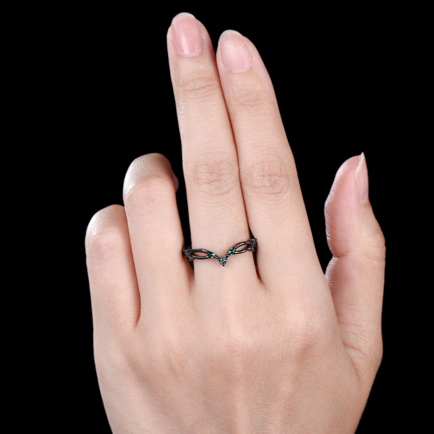 Gothic Black Gold Emerald Wedding Band Curved Marquise Wedding Ring Anniversary Stackable Band Evil Eye Emerald Promise Ring For Daughter