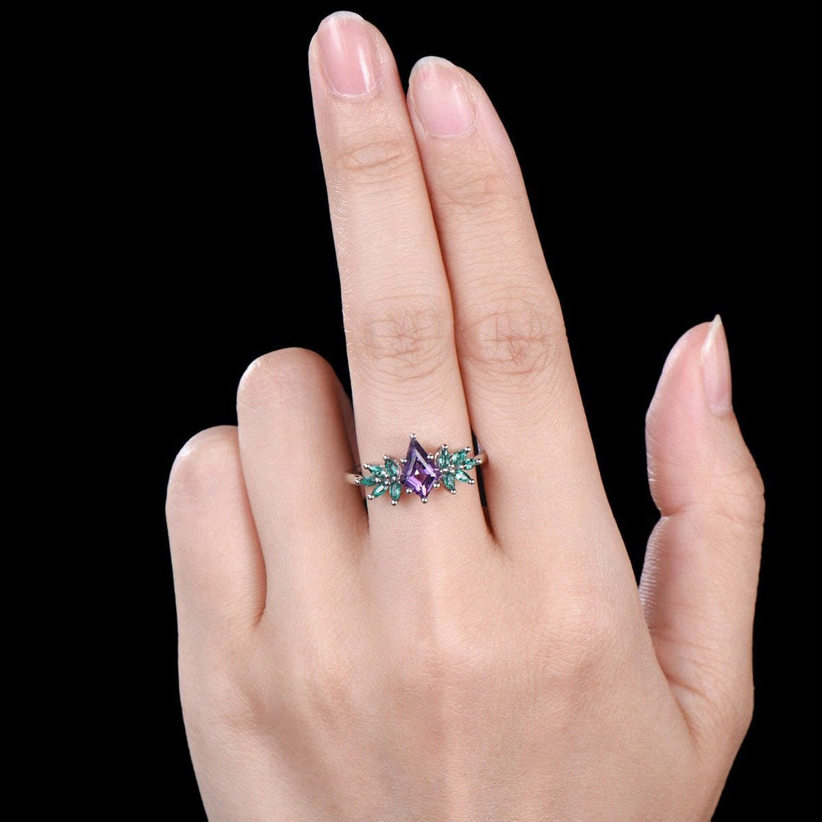 Vintage kite cut amethyst engagement ring cluster marqusie cut emerald anniversary promise ring