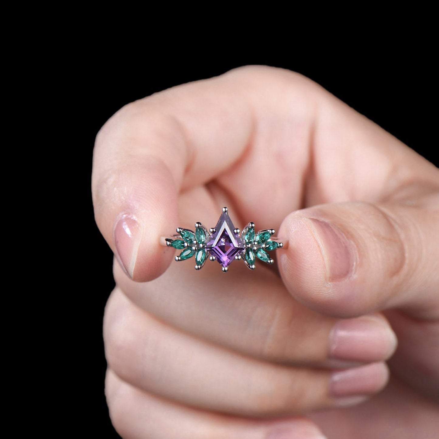 Vintage kite cut amethyst engagement ring cluster marqusie cut emerald anniversary promise ring