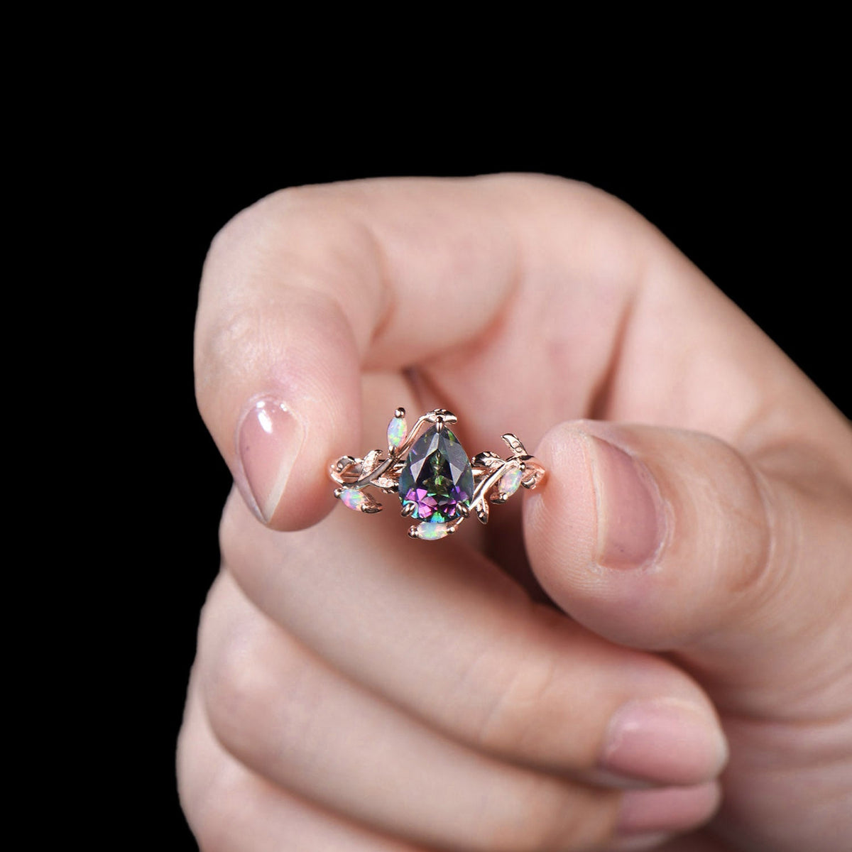 LeafLace Kite Cut Mystic Topazs Promise Ring with Marquise Topaz Accents