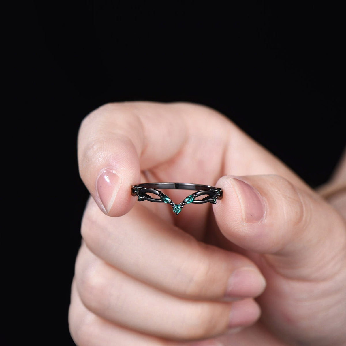 Gothic Black Gold Emerald Wedding Band Curved Marquise Wedding Ring Anniversary Stackable Band Evil Eye Emerald Promise Ring For Daughter