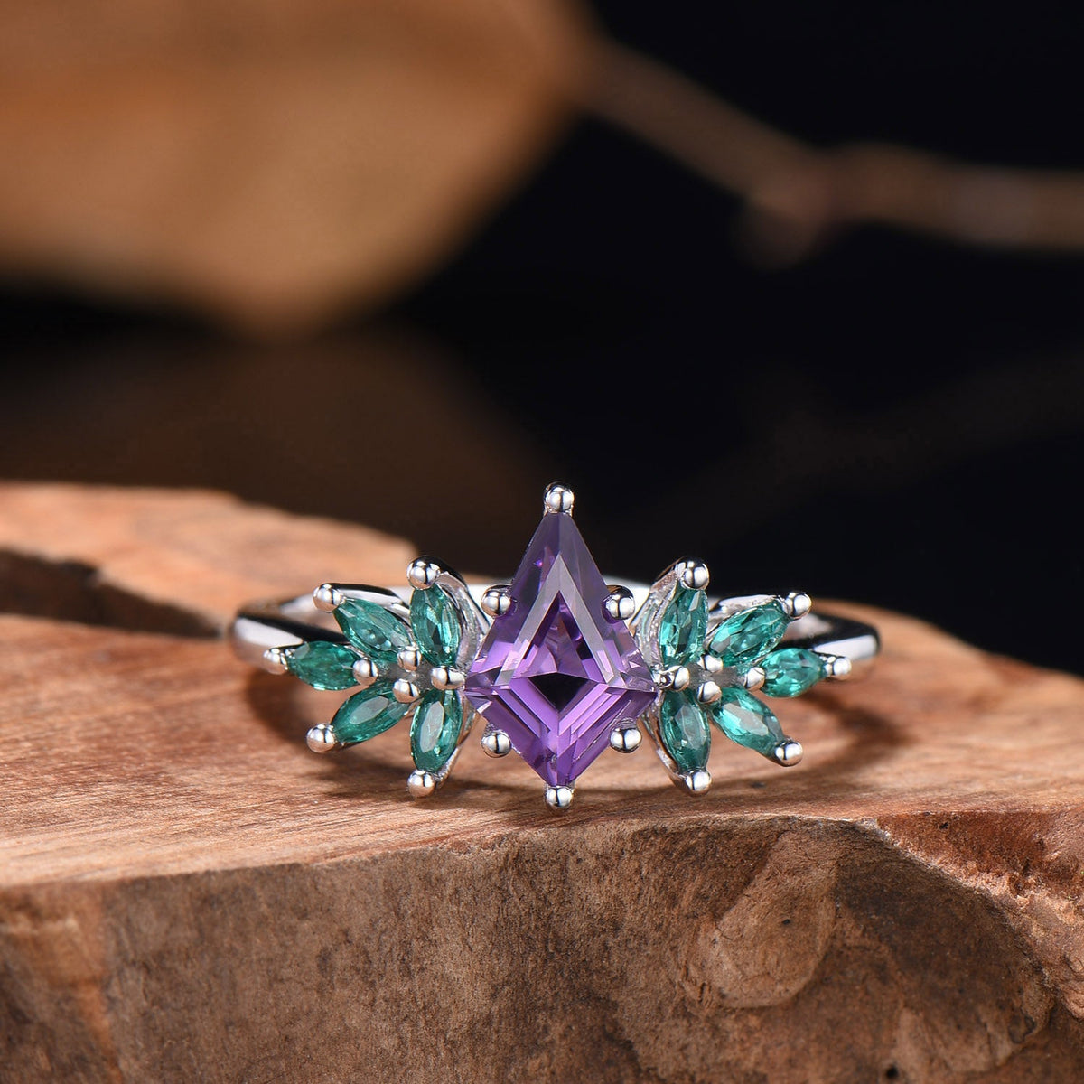 Vintage kite cut amethyst engagement ring cluster marqusie cut emerald anniversary promise ring