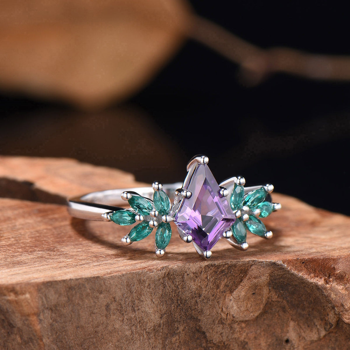 Vintage kite cut amethyst engagement ring cluster marqusie cut emerald anniversary promise ring