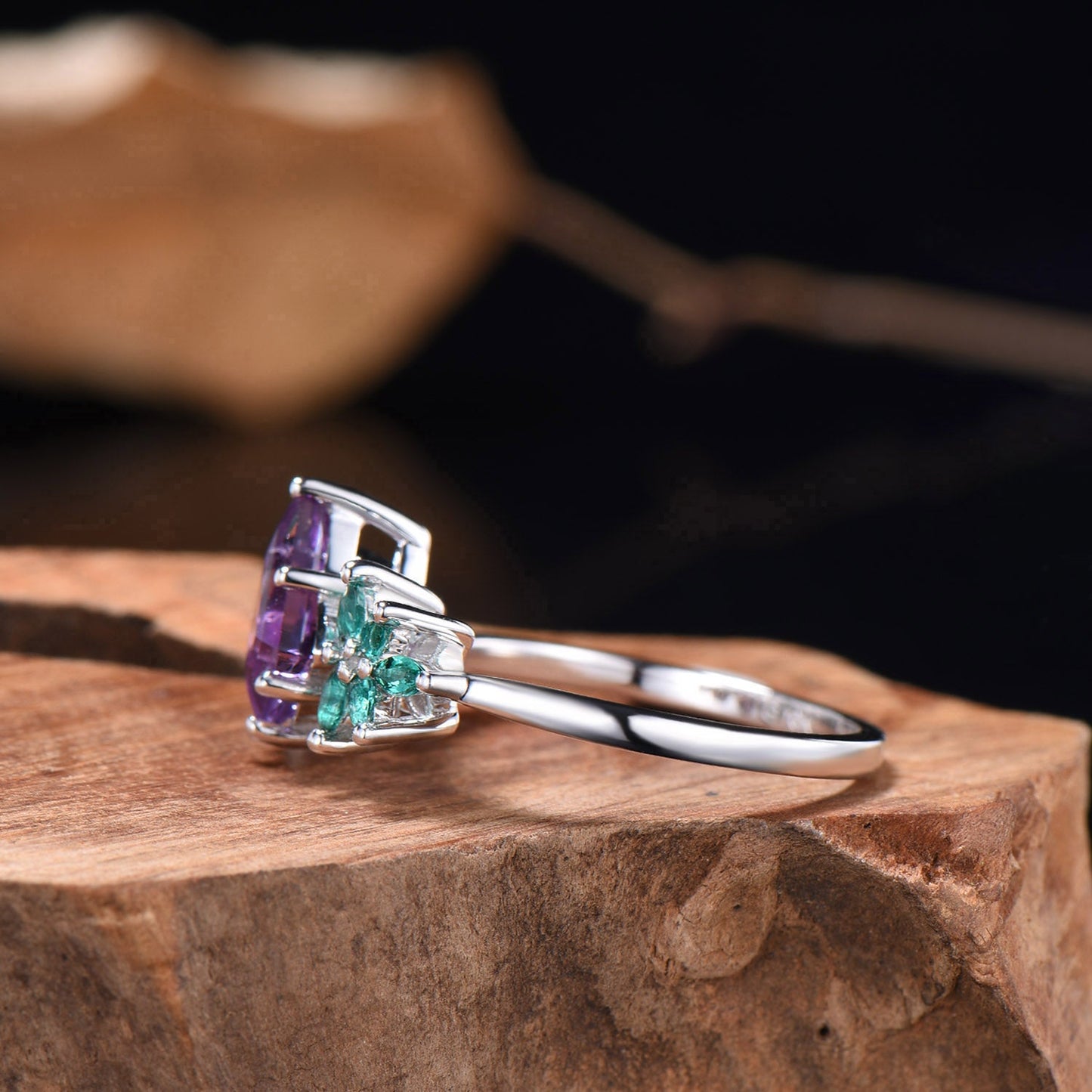 Vintage kite cut amethyst engagement ring cluster marqusie cut emerald anniversary promise ring