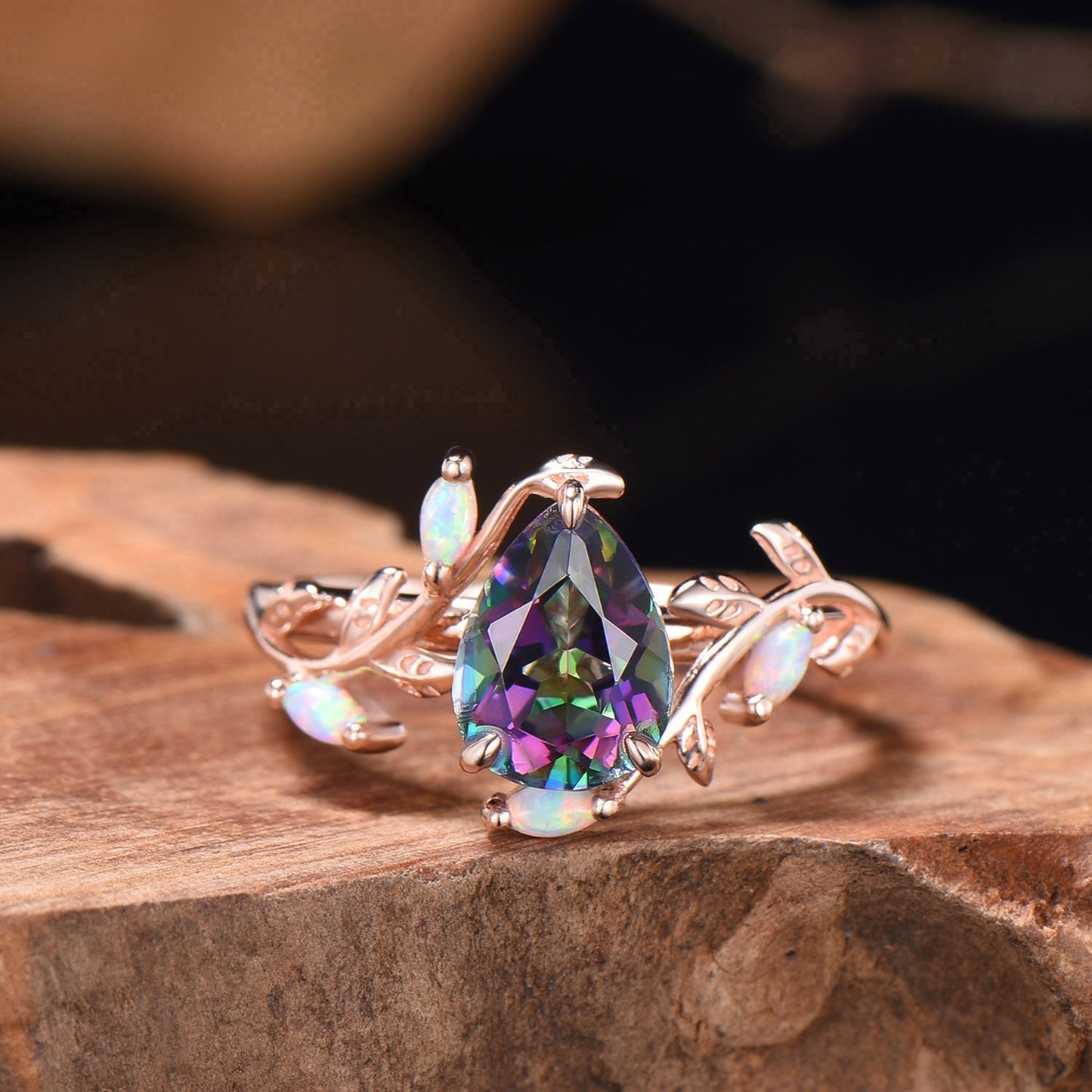 LeafLace Kite Cut Mystic Topazs Promise Ring with Marquise Topaz Accents