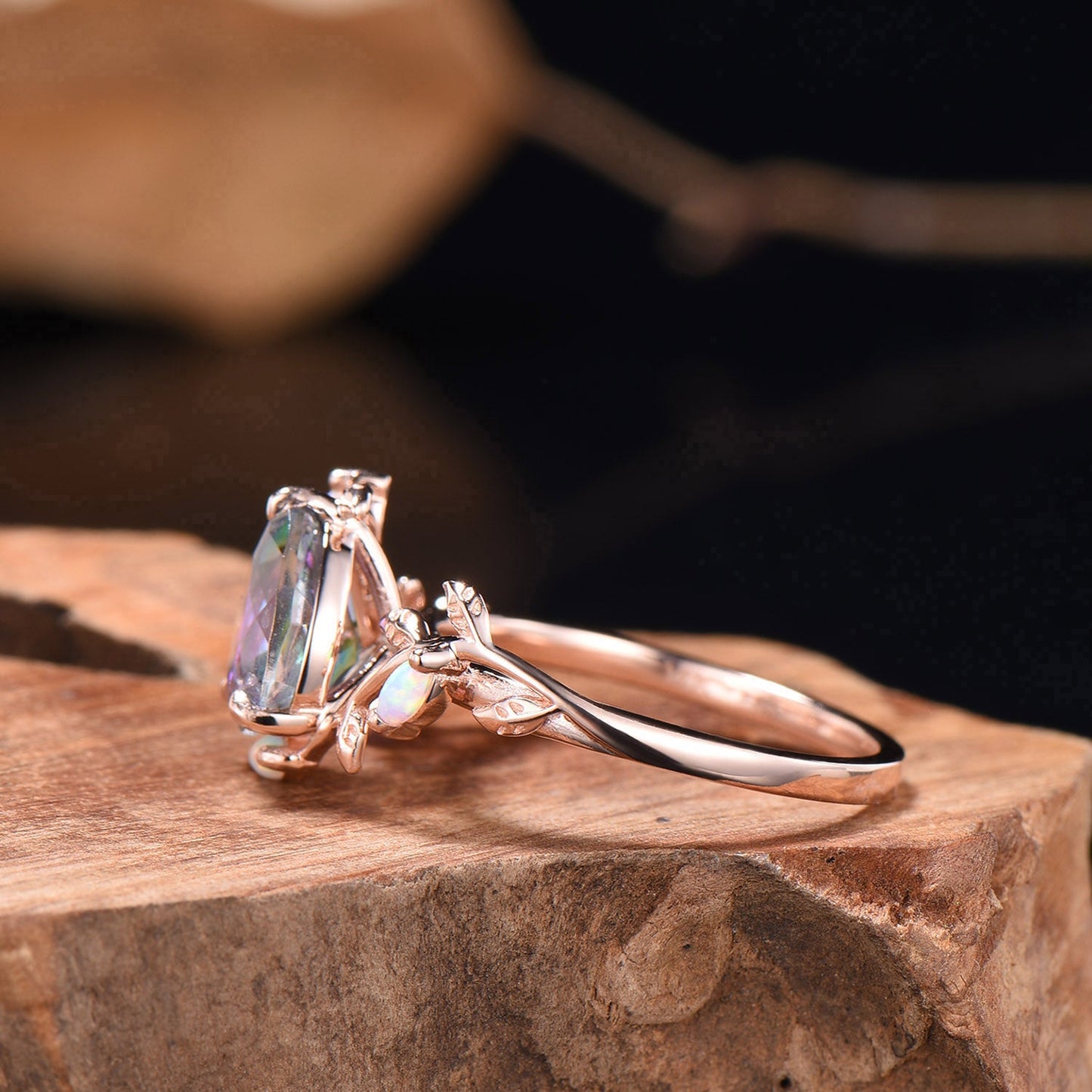 LeafLace Kite Cut Mystic Topazs Promise Ring with Marquise Topaz Accents
