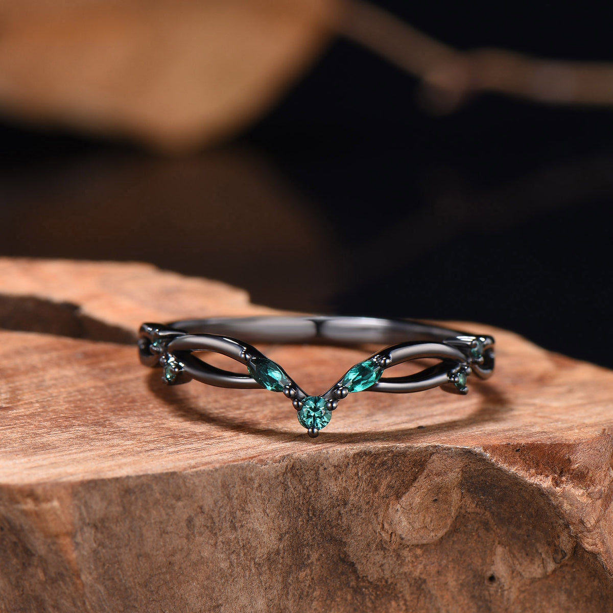 Gothic Black Gold Emerald Wedding Band Curved Marquise Wedding Ring Anniversary Stackable Band Evil Eye Emerald Promise Ring For Daughter
