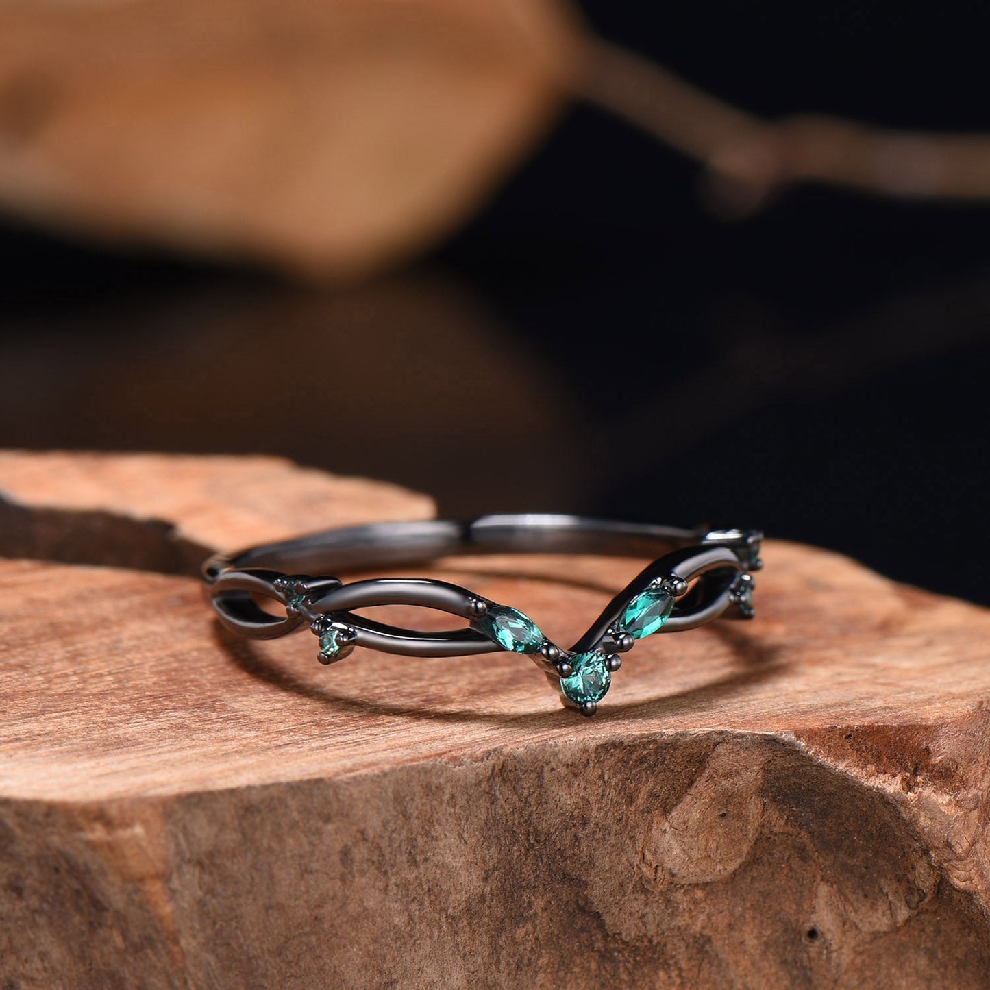 Gothic Black Gold Emerald Wedding Band Curved Marquise Wedding Ring Anniversary Stackable Band Evil Eye Emerald Promise Ring For Daughter