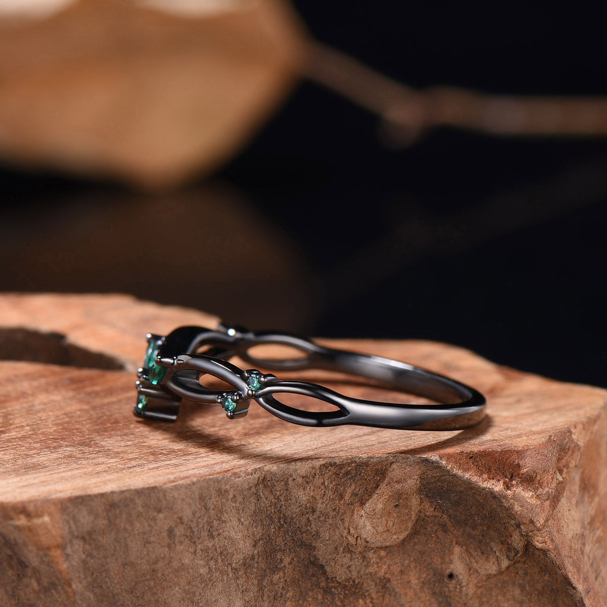 Gothic Black Gold Emerald Wedding Band Curved Marquise Wedding Ring Anniversary Stackable Band Evil Eye Emerald Promise Ring For Daughter