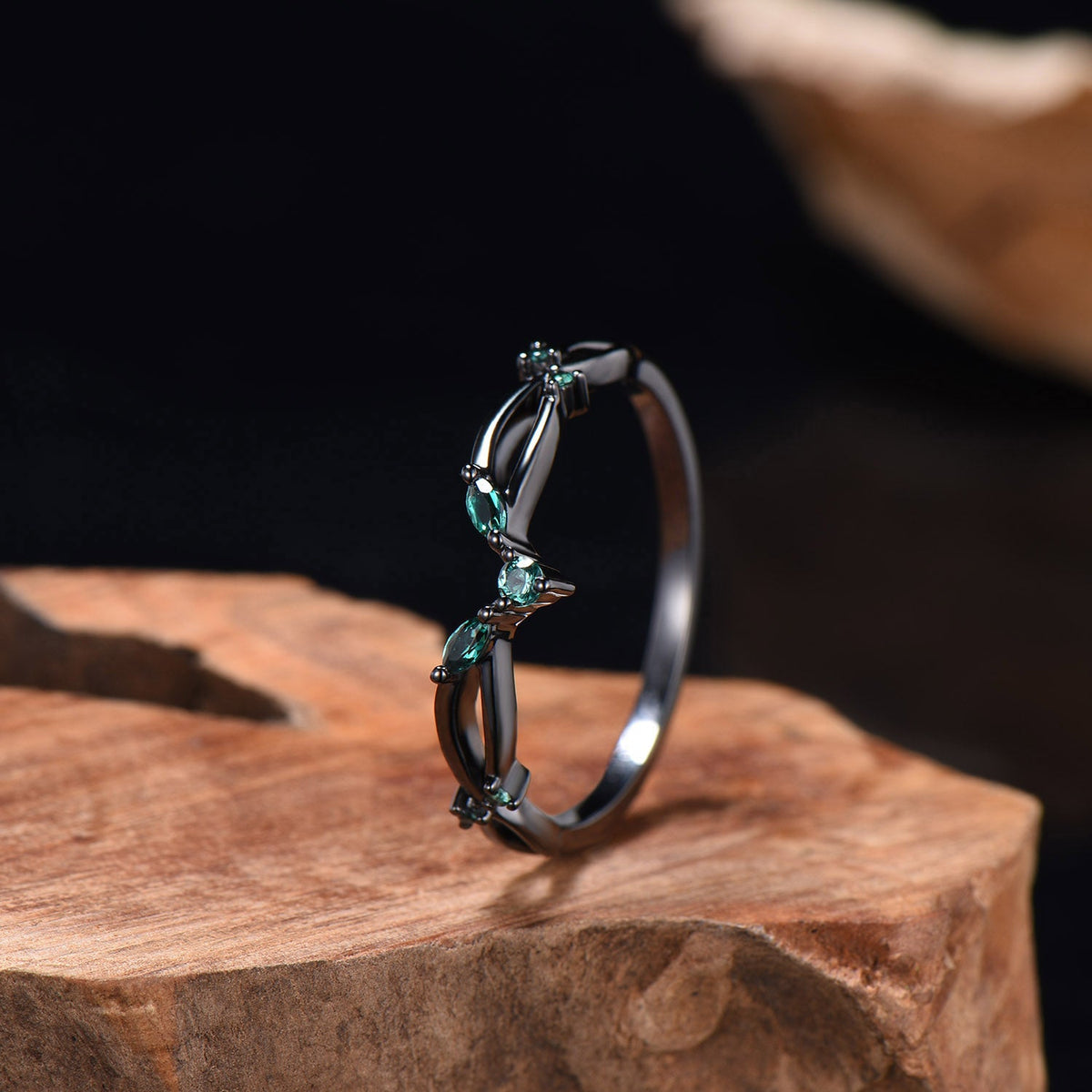 Gothic Black Gold Emerald Wedding Band Curved Marquise Wedding Ring Anniversary Stackable Band Evil Eye Emerald Promise Ring For Daughter