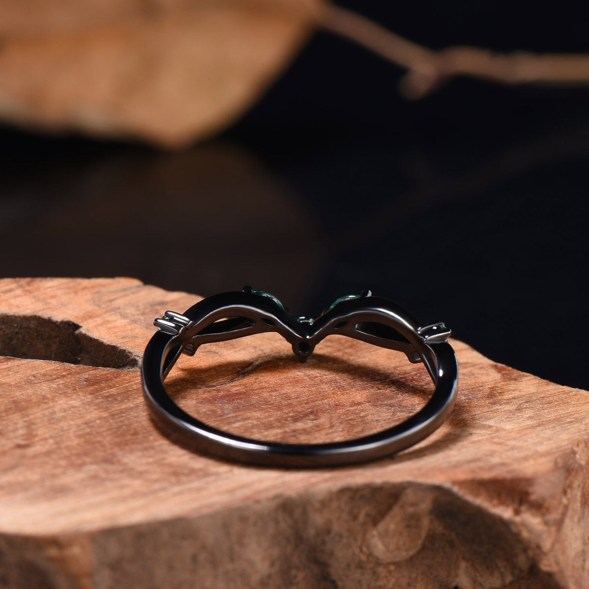 Gothic Black Gold Emerald Wedding Band Curved Marquise Wedding Ring Anniversary Stackable Band Evil Eye Emerald Promise Ring For Daughter