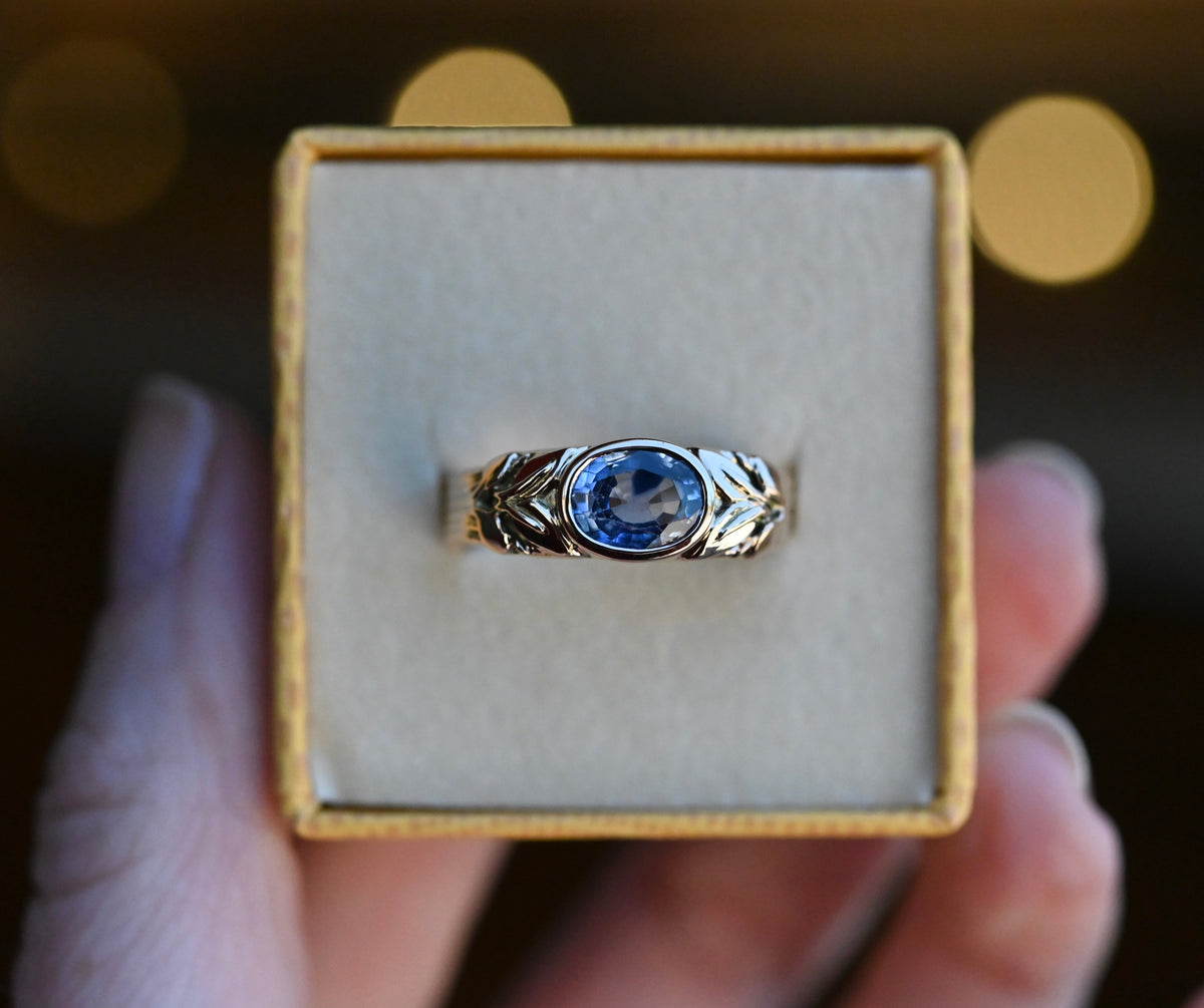 14k Gold 1.76ct Ceylon Sapphire Leaf Banner Ring - size 8.25 (sizable) - Ready to ship