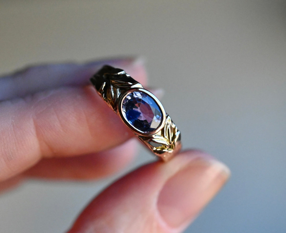 14k Gold 1.76ct Ceylon Sapphire Leaf Banner Ring - size 8.25 (sizable) - Ready to ship