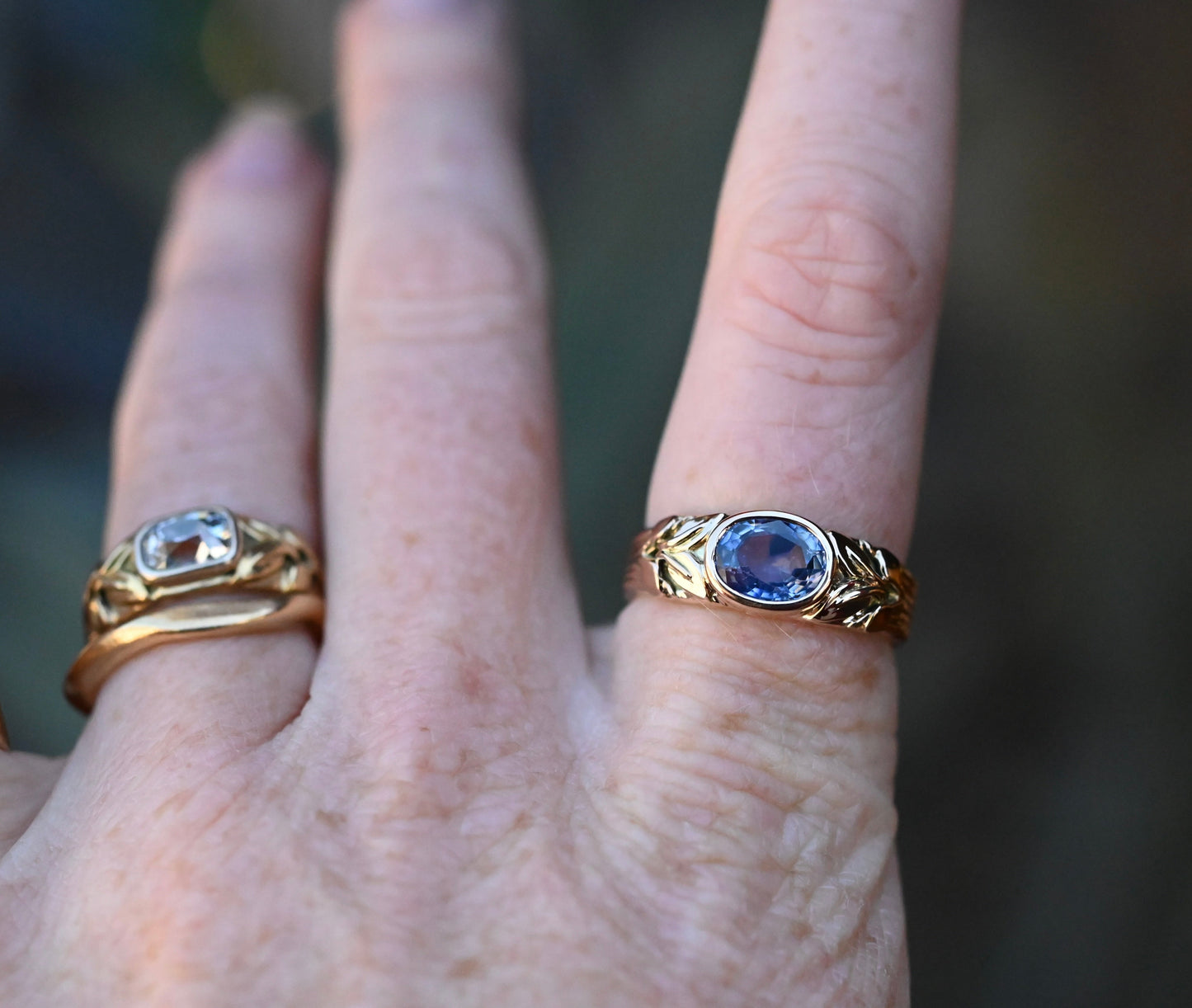 14k Gold 1.76ct Ceylon Sapphire Leaf Banner Ring - size 8.25 (sizable) - Ready to ship