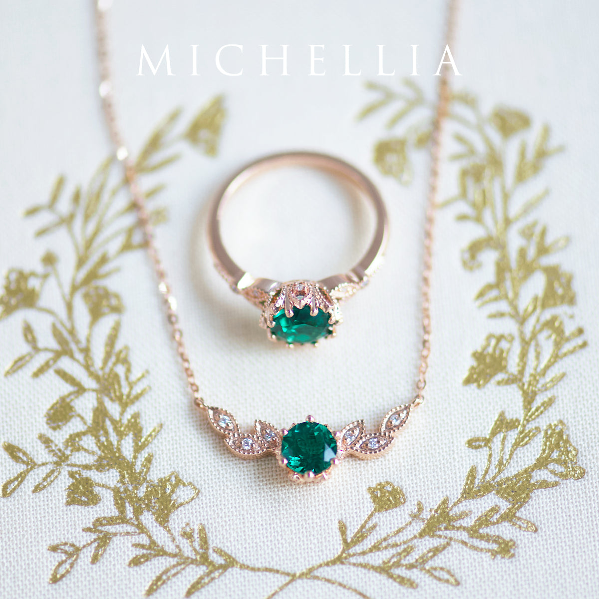 [Dahlia] Floral Leaf Necklace in Lab Emerald