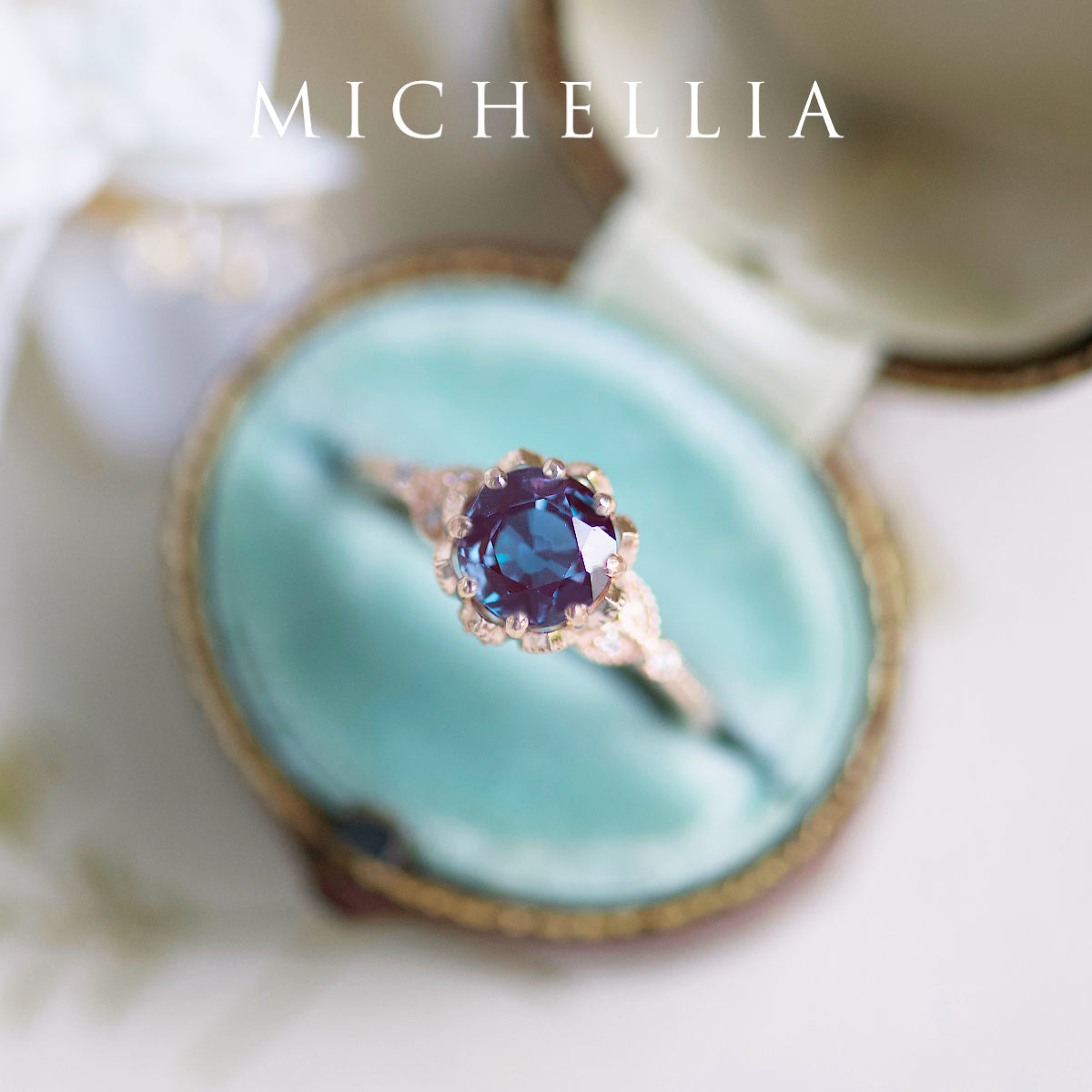 [Evanthe] Vintage Floral Engagement Ring in Lab Alexandrite