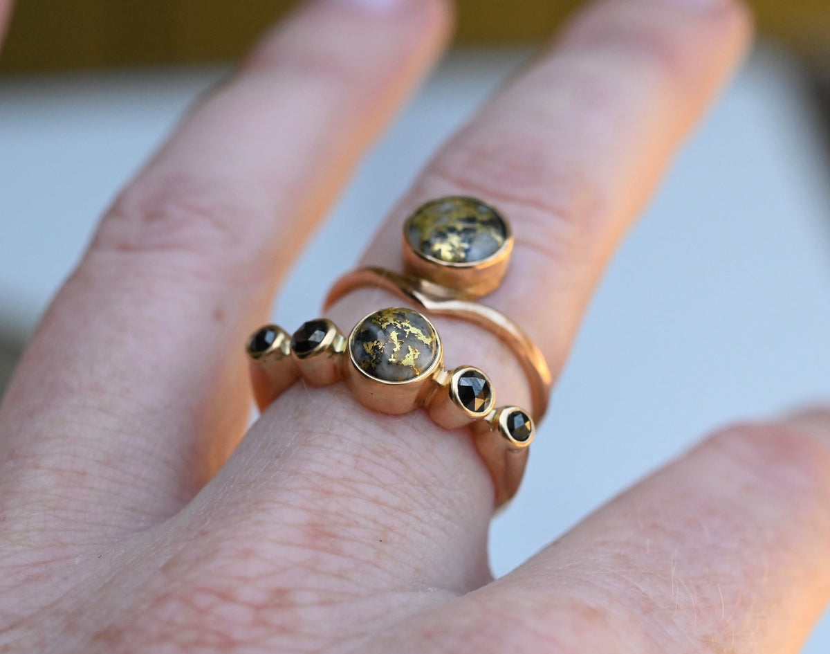 Gold in Quartz & Black Diamond 14k Gold Ring - size 7.5
