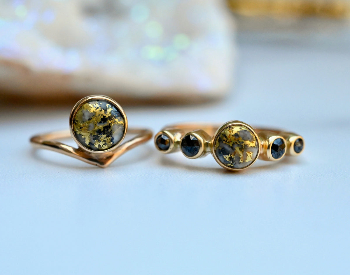 Gold in Quartz & Black Diamond 14k Gold Ring - size 7.5