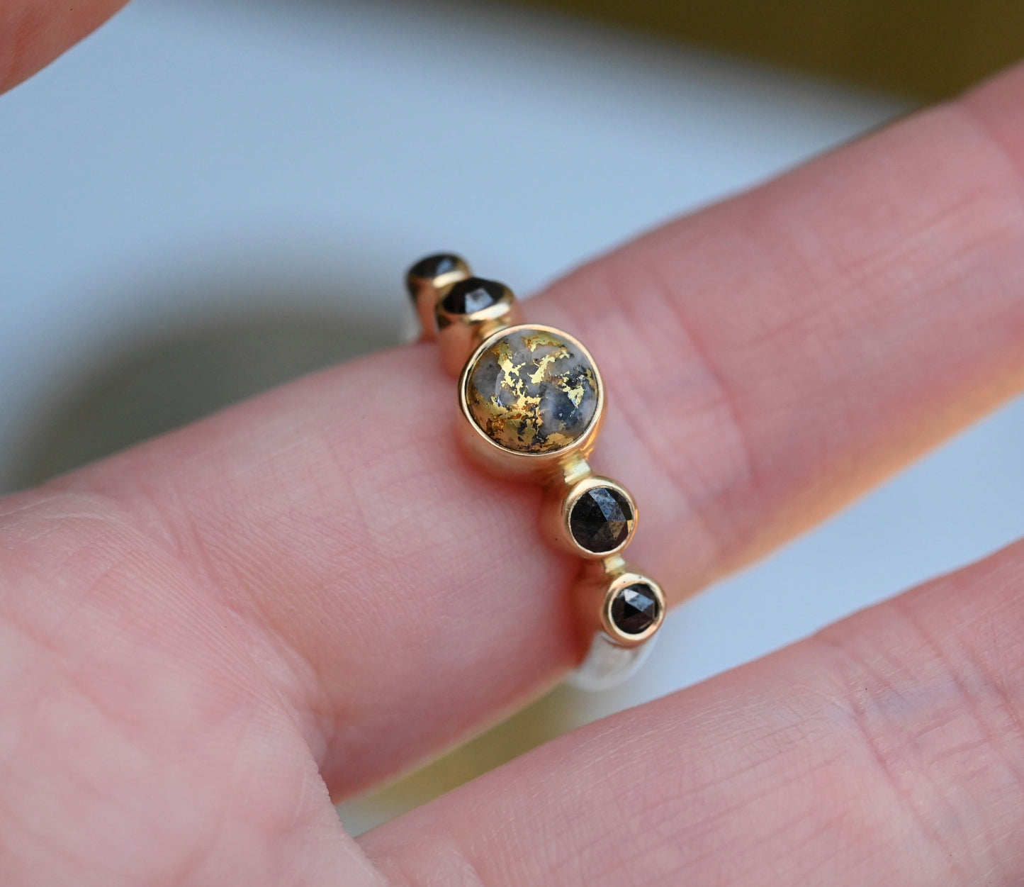 Gold in Quartz & Black Diamond 14k Gold Ring - size 7.5