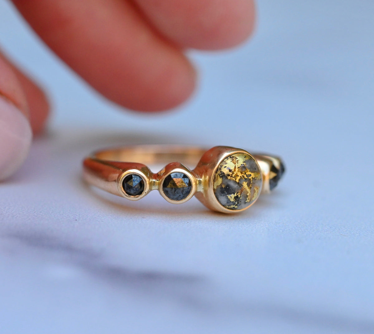 Gold in Quartz & Black Diamond 14k Gold Ring - size 7.5