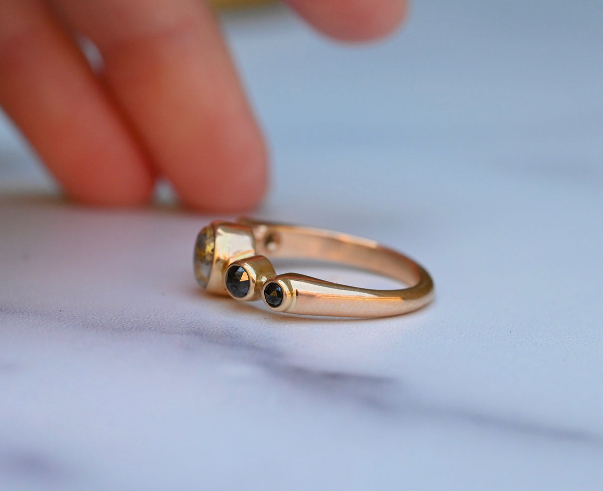 Gold in Quartz & Black Diamond 14k Gold Ring - size 7.5