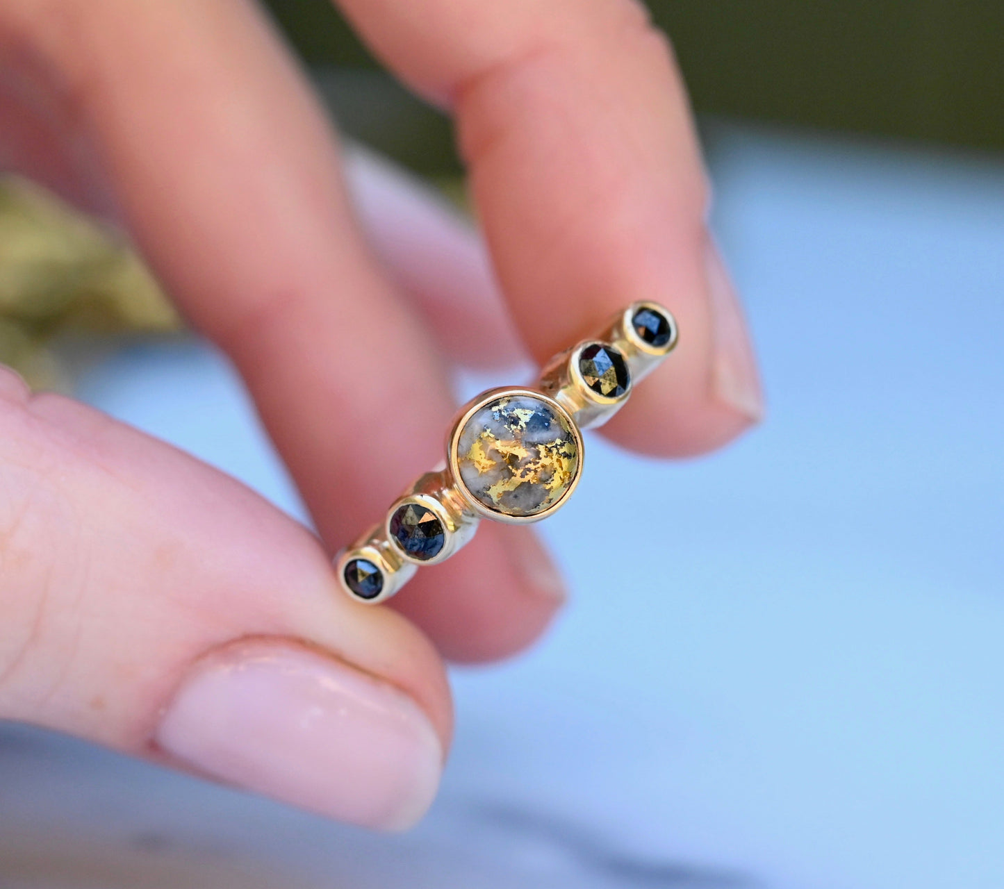 Gold in Quartz & Black Diamond 14k Gold Ring - size 7.5