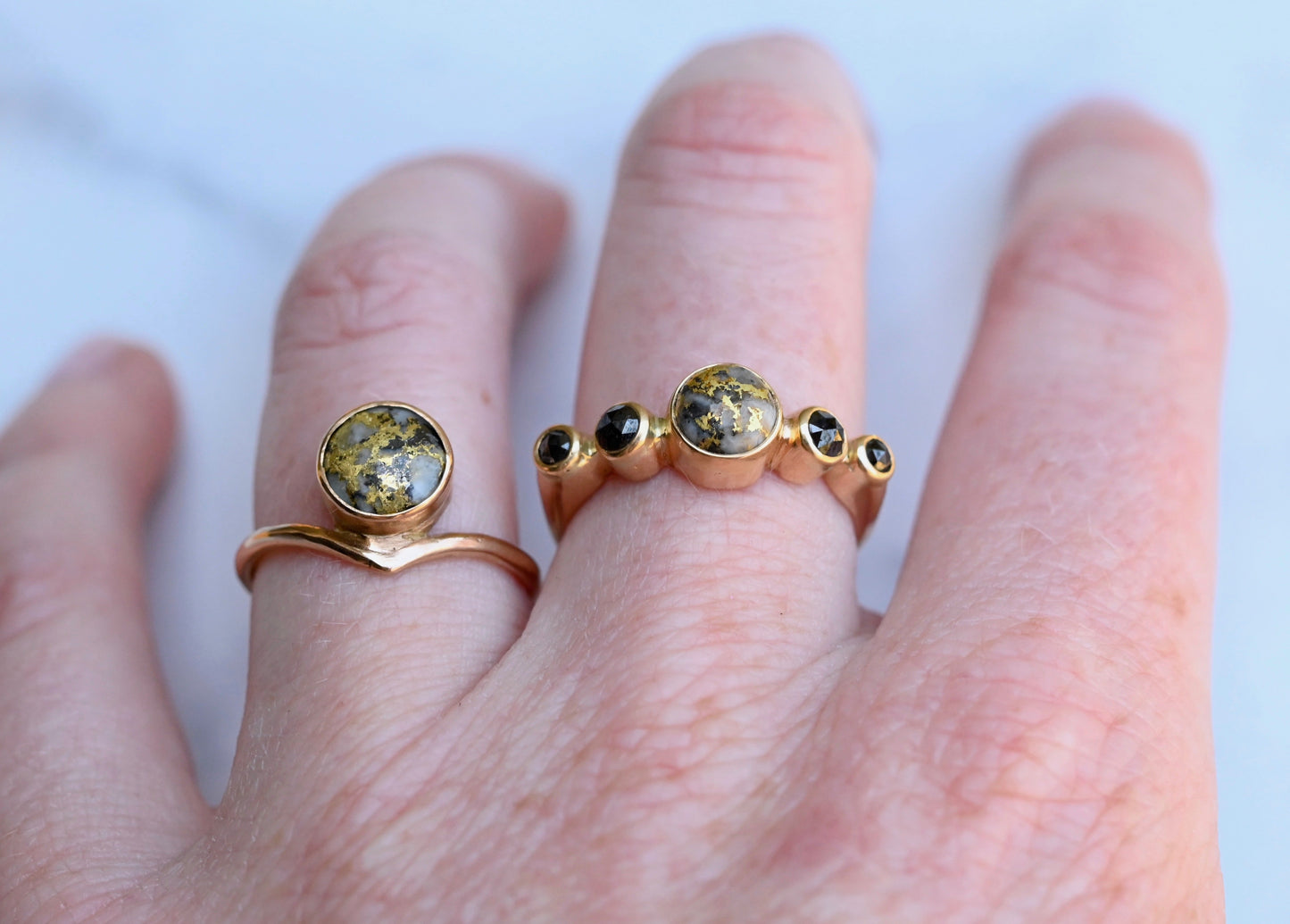 Gold in Quartz & Black Diamond 14k Gold Ring - size 7.5