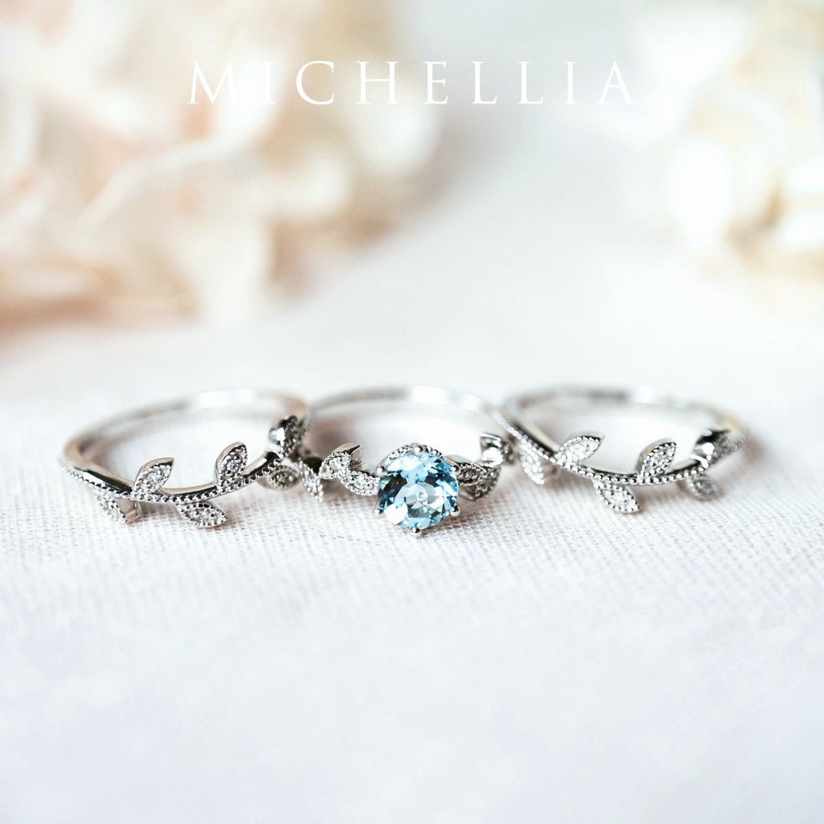[Dahlia] Petite Floral Engagement Ring in Aquamarine