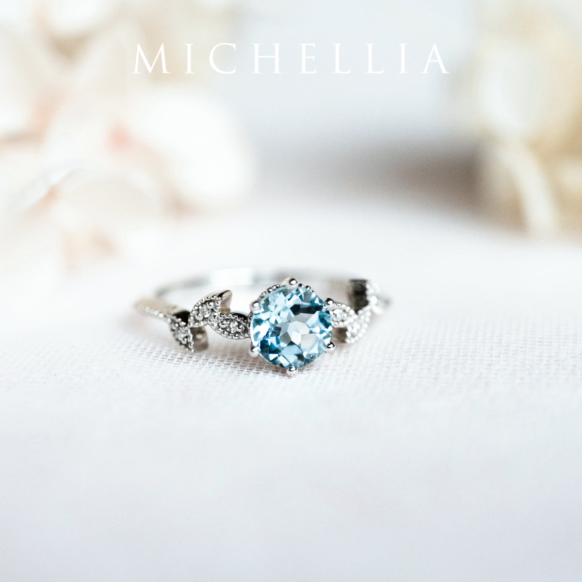 [Dahlia] Petite Floral Engagement Ring in Aquamarine