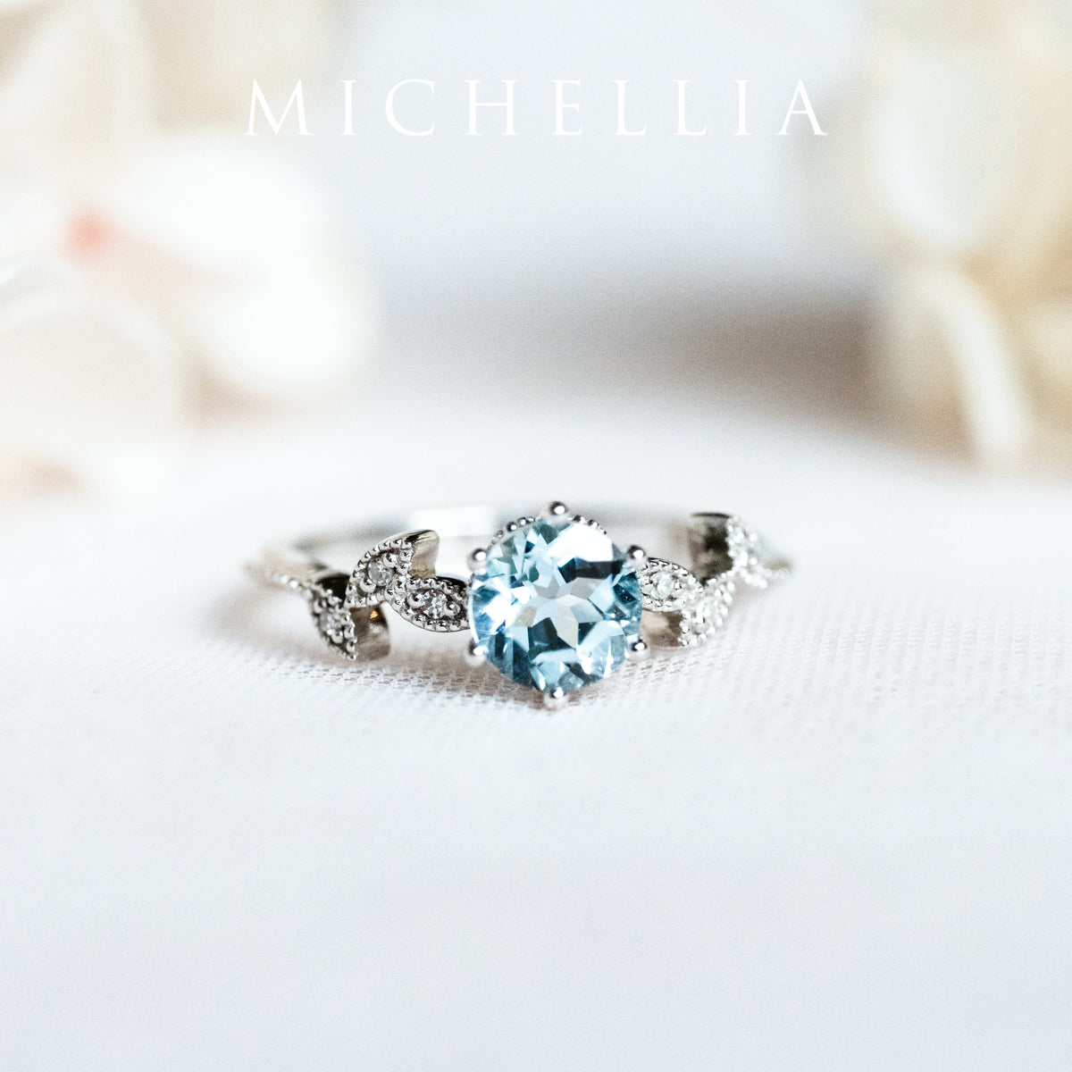 [Dahlia] Petite Floral Engagement Ring in Aquamarine