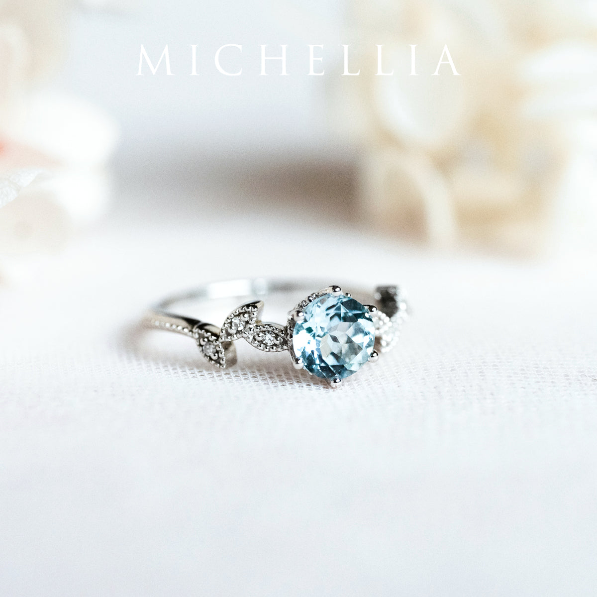 [Dahlia] Petite Floral Engagement Ring in Aquamarine