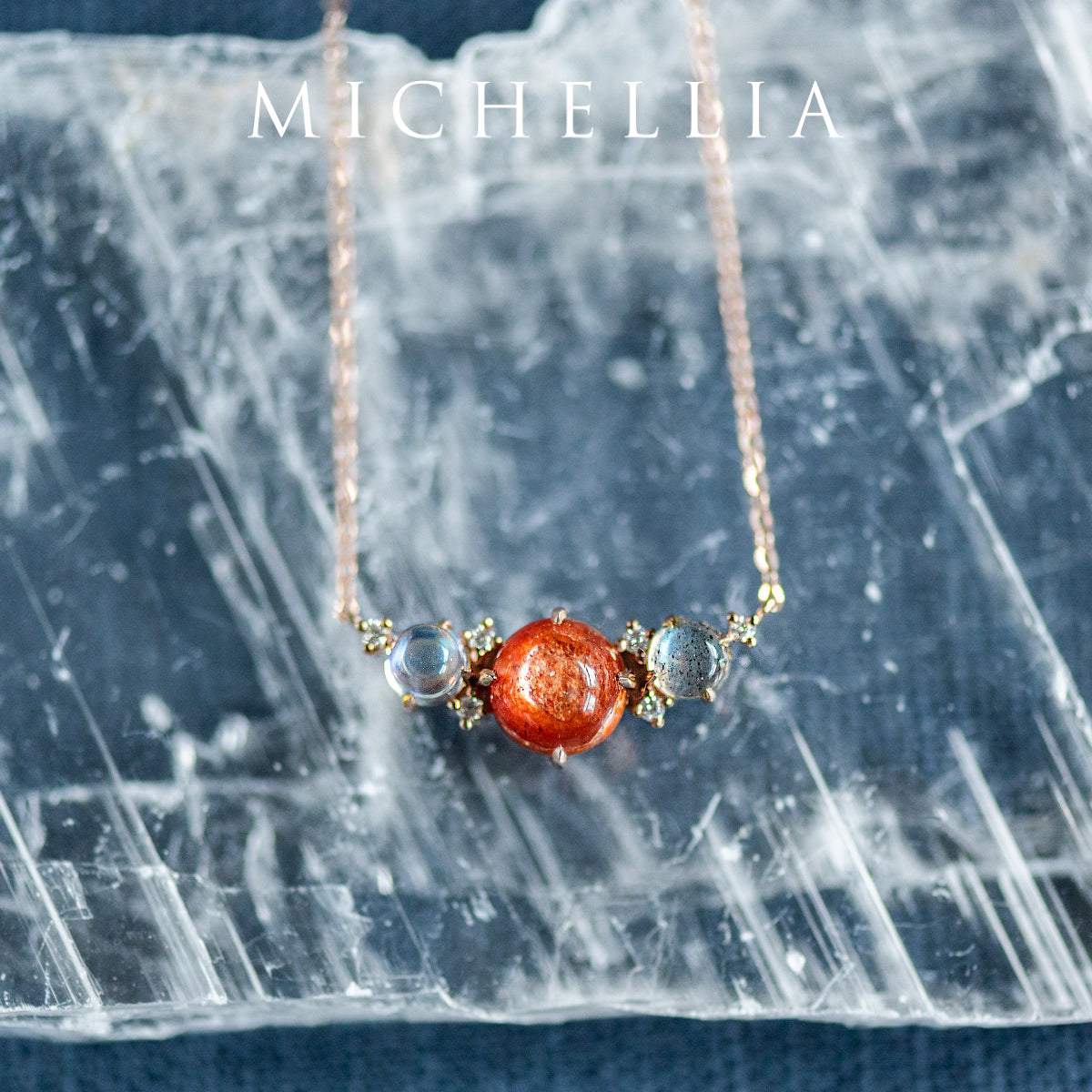 [Celestine] Galaxy Trio Three Stone Necklace in Sunstone, Moonstone, and Labradorite