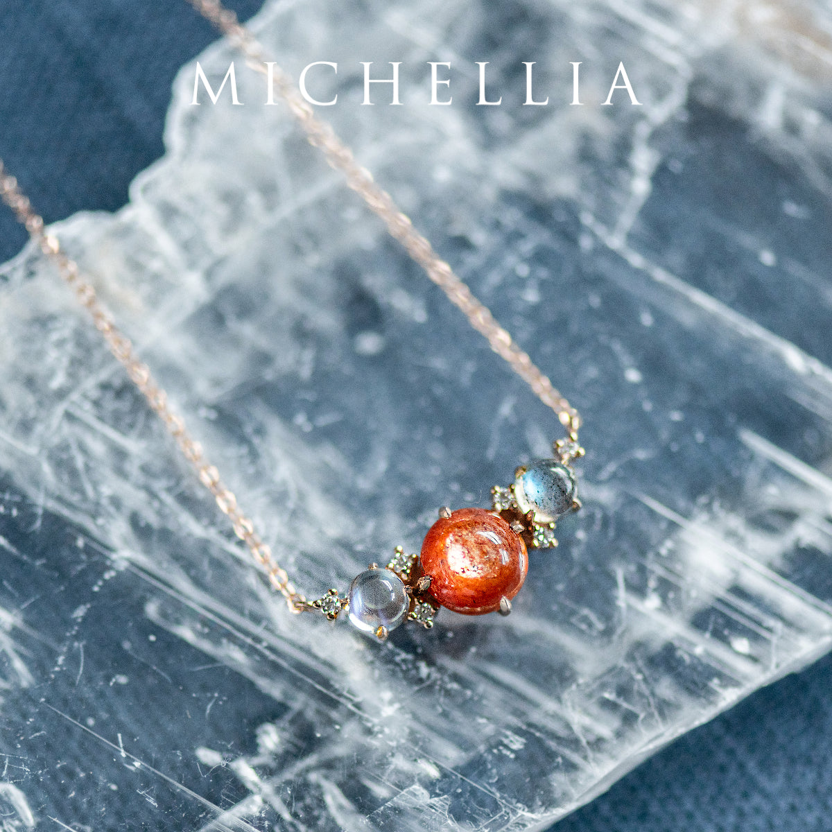 [Celestine] Galaxy Trio Three Stone Necklace in Sunstone, Moonstone, and Labradorite