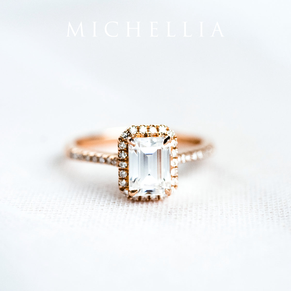 [Kimberly] Halo Diamond Emerald Cut Engagement Ring in Diamond / Moissanite