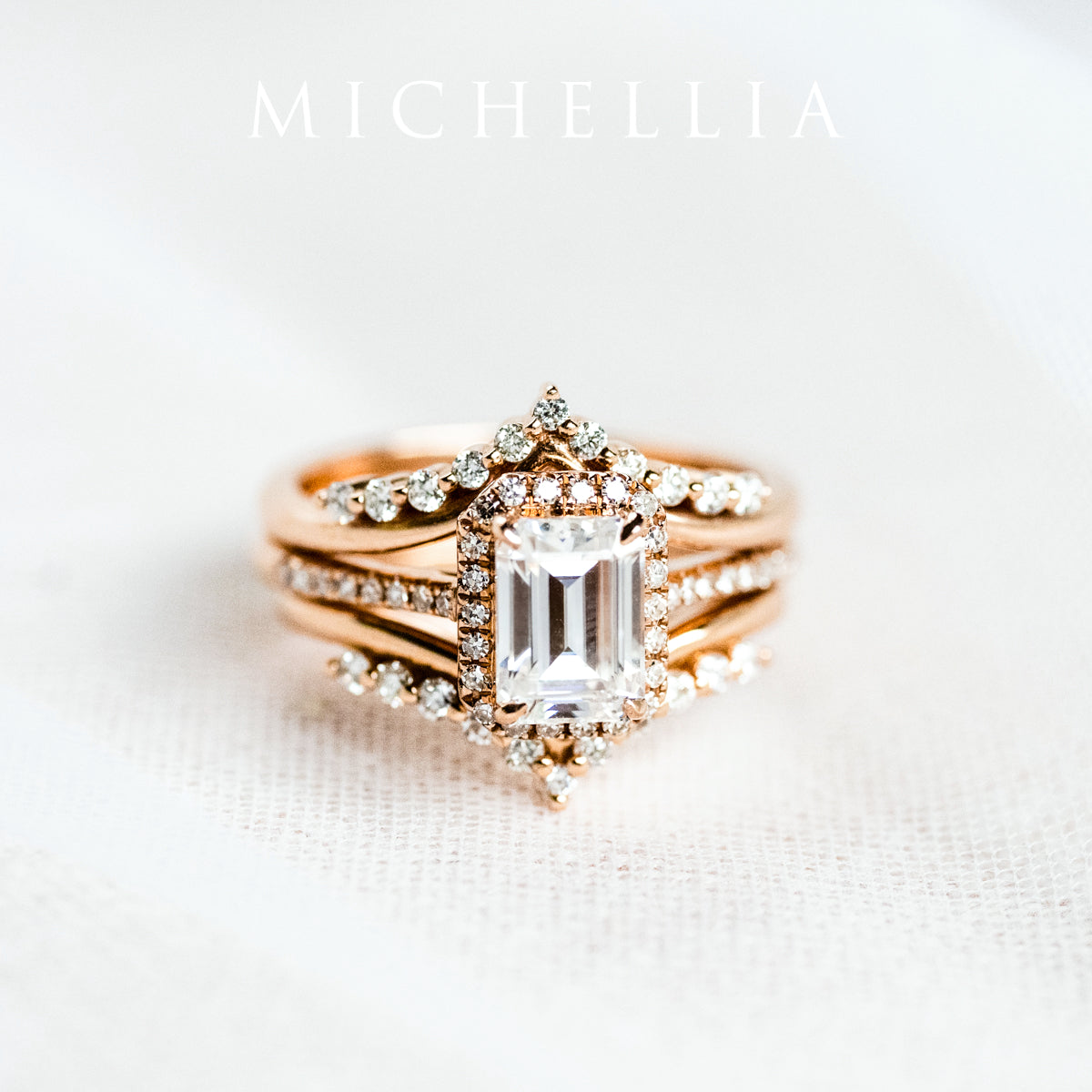 [Kimberly] Emerald Cut Halo Diamond Ring in Moonstone