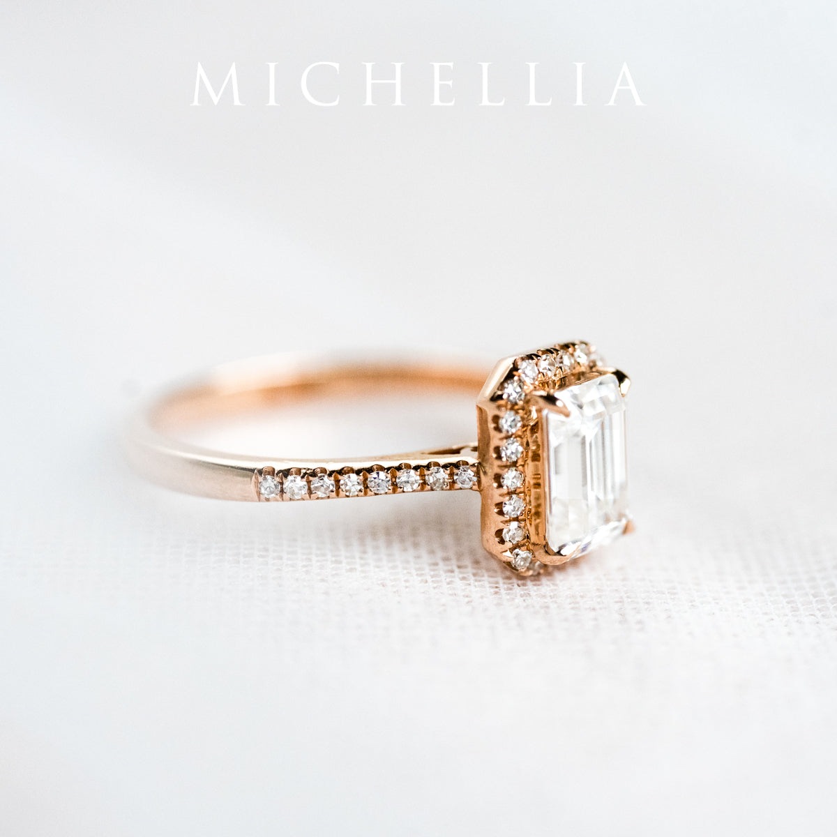 [Kimberly] Halo Diamond Emerald Cut Engagement Ring in Diamond / Moissanite