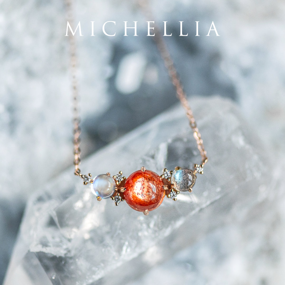 [Celestine] Galaxy Trio Three Stone Necklace in Sunstone, Moonstone, and Labradorite