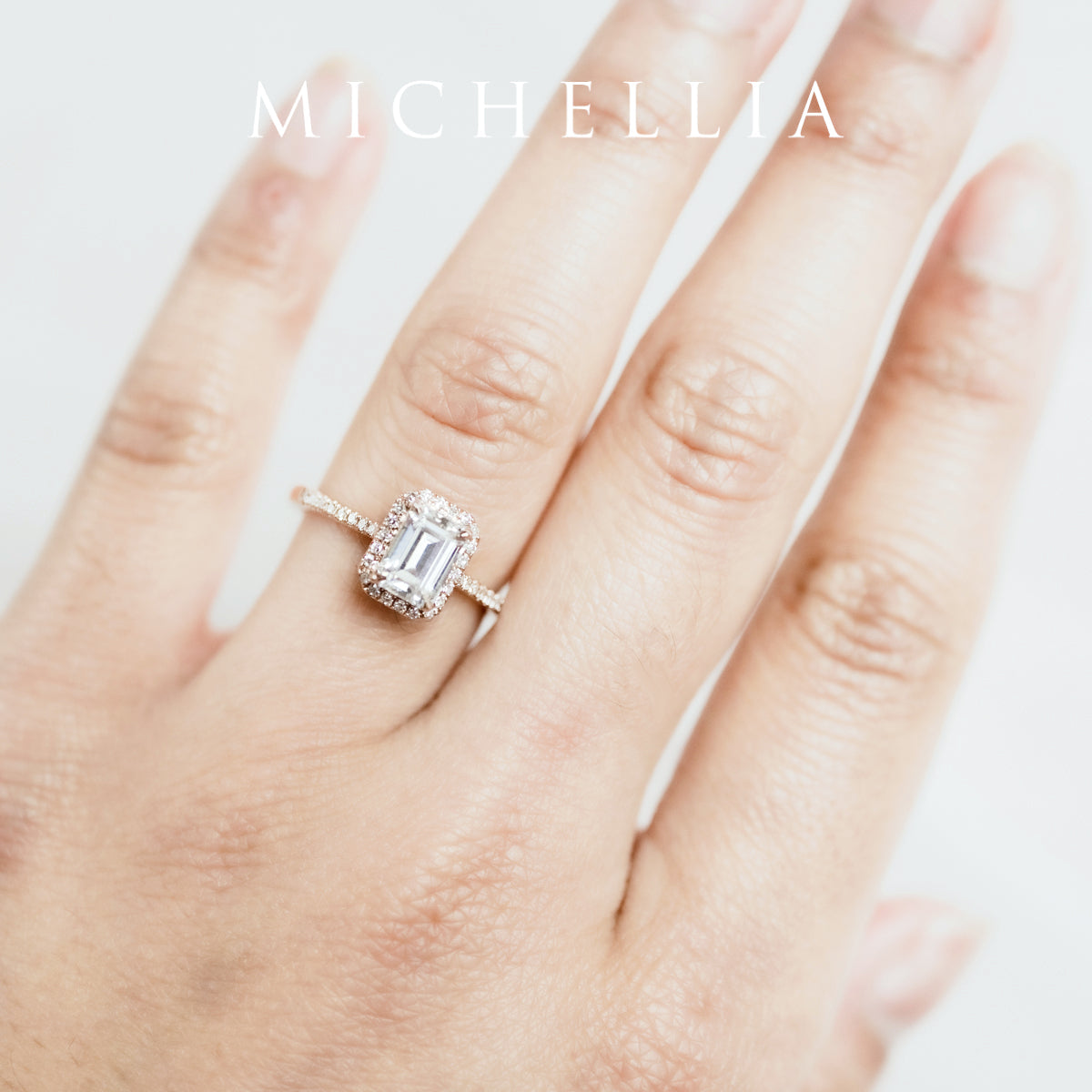 [Kimberly] Halo Diamond Emerald Cut Engagement Ring in Diamond / Moissanite