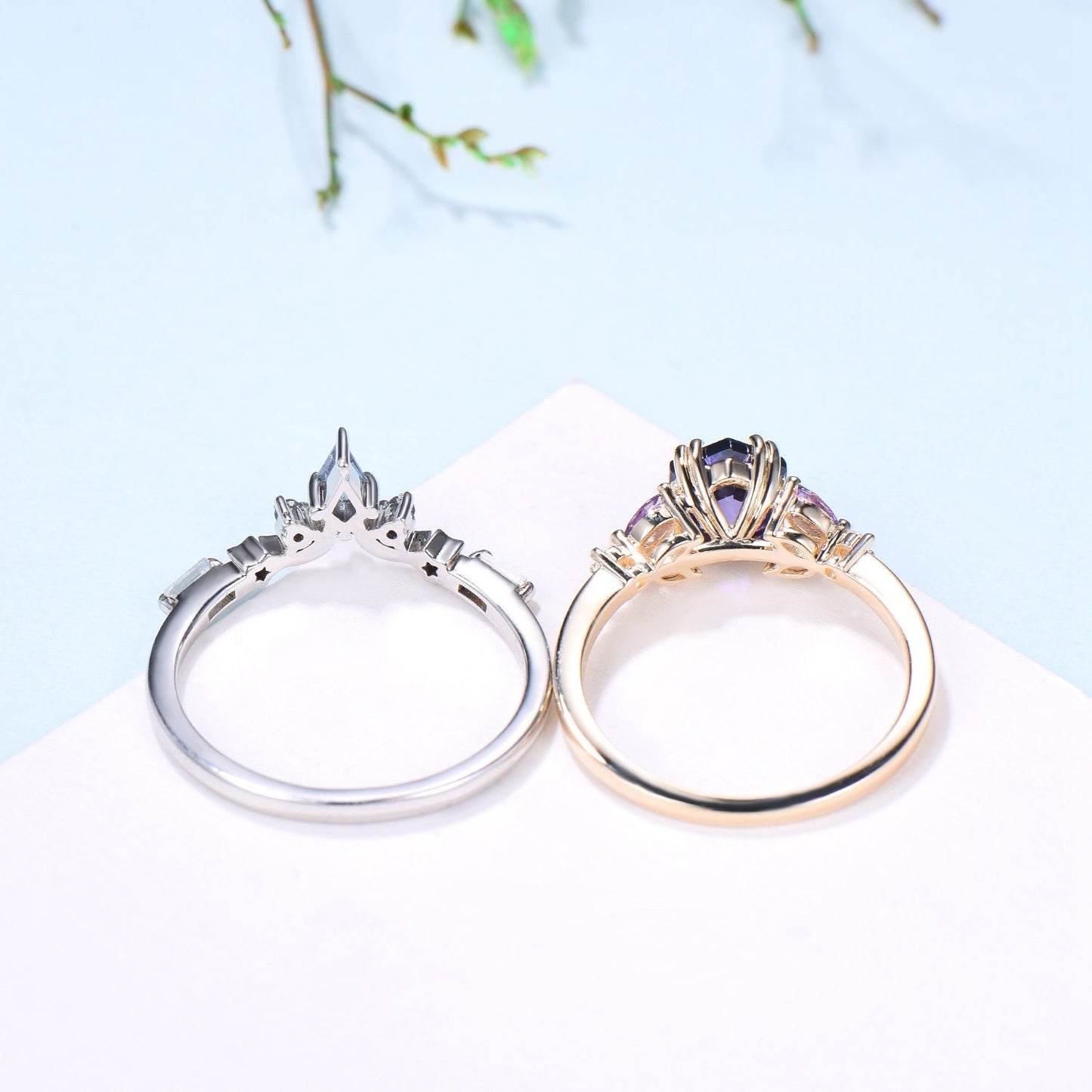 Unique Hexagon Purple Sapphire engagement ring set- moon star curved alexandrite wedding band