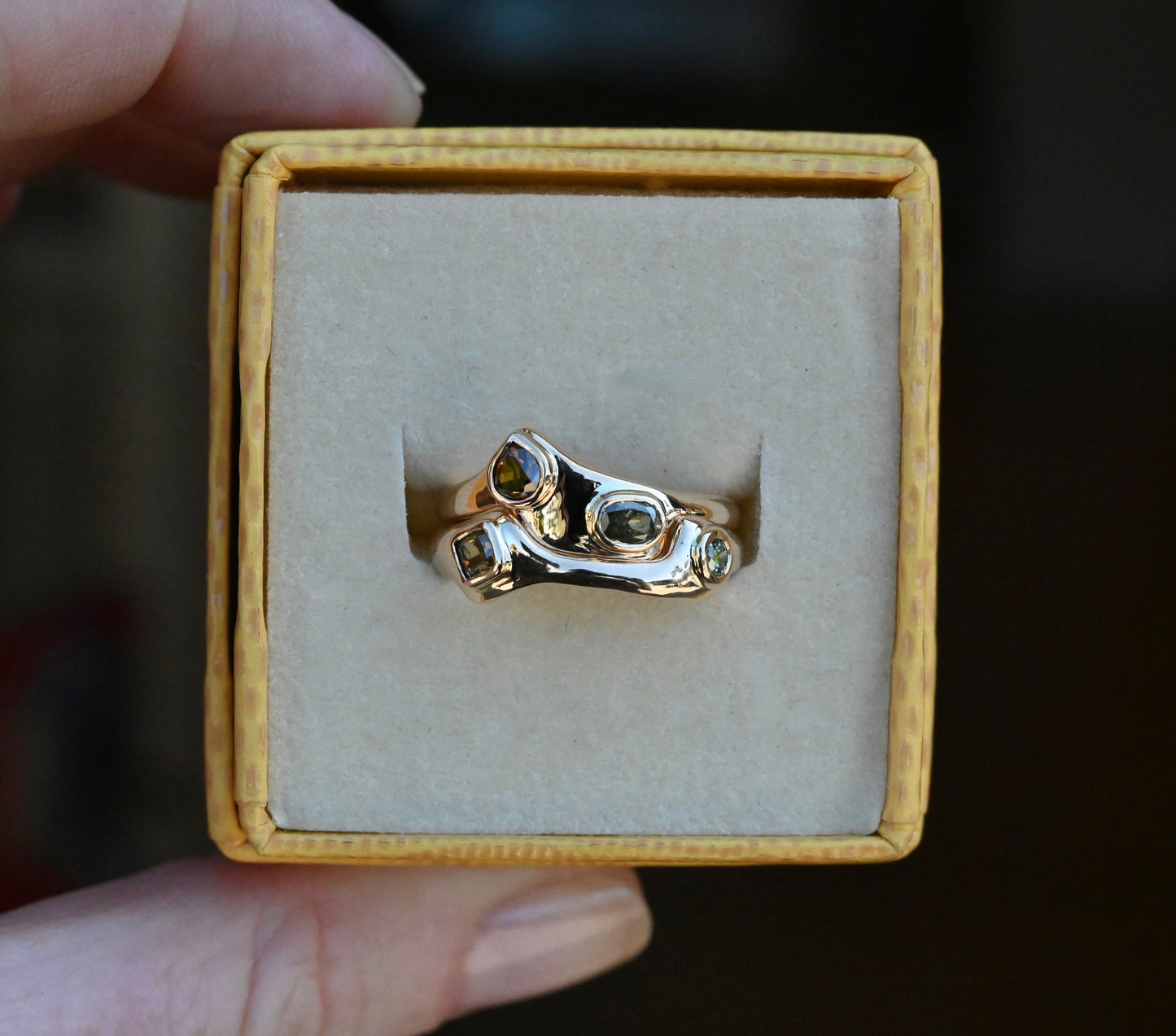 14k Gold Natural Diamond Bezel Ring Set - size 6.75 - Ready to ship