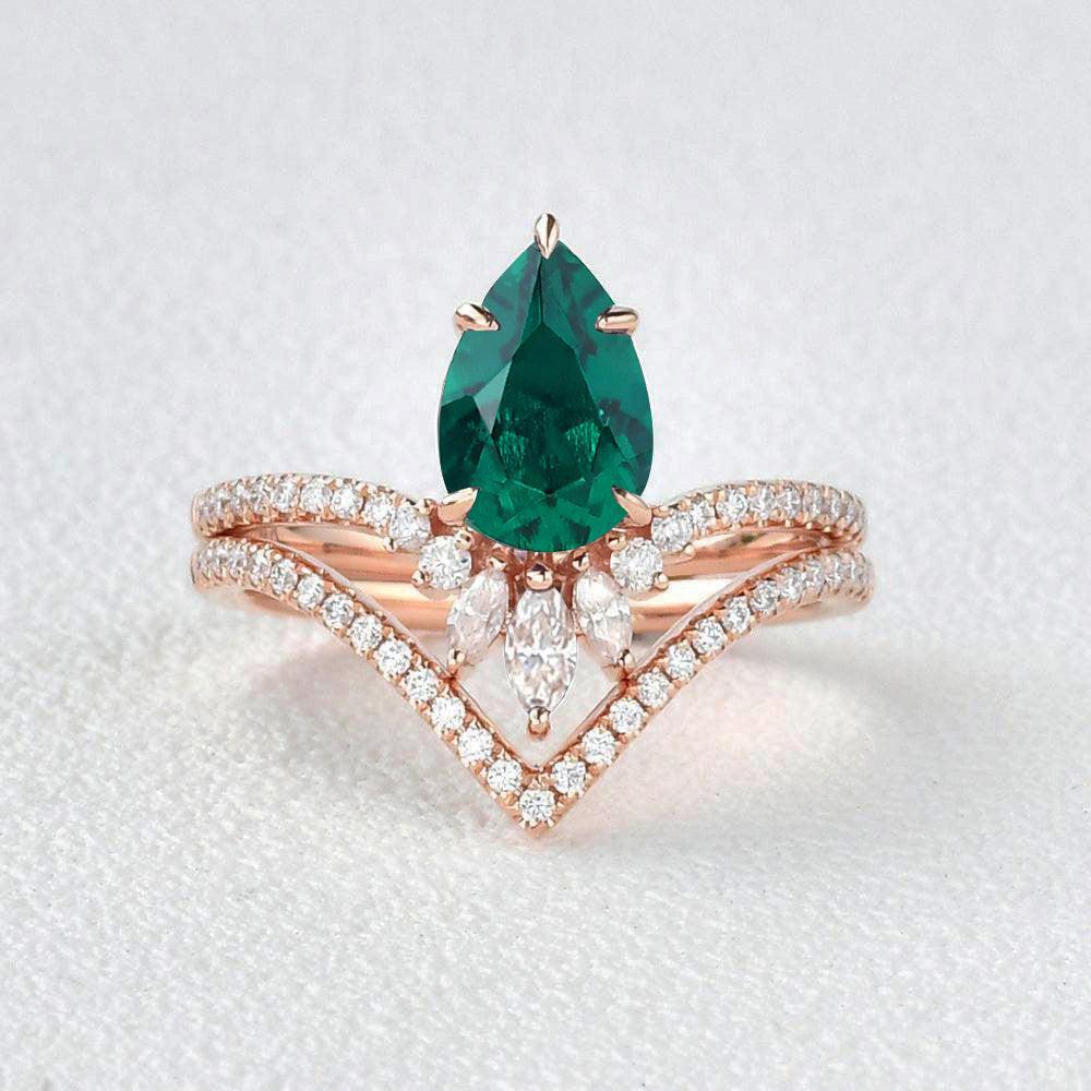 Mila 1.7CT Pear Emerald Classic Vintage Ring Set 2pcs
