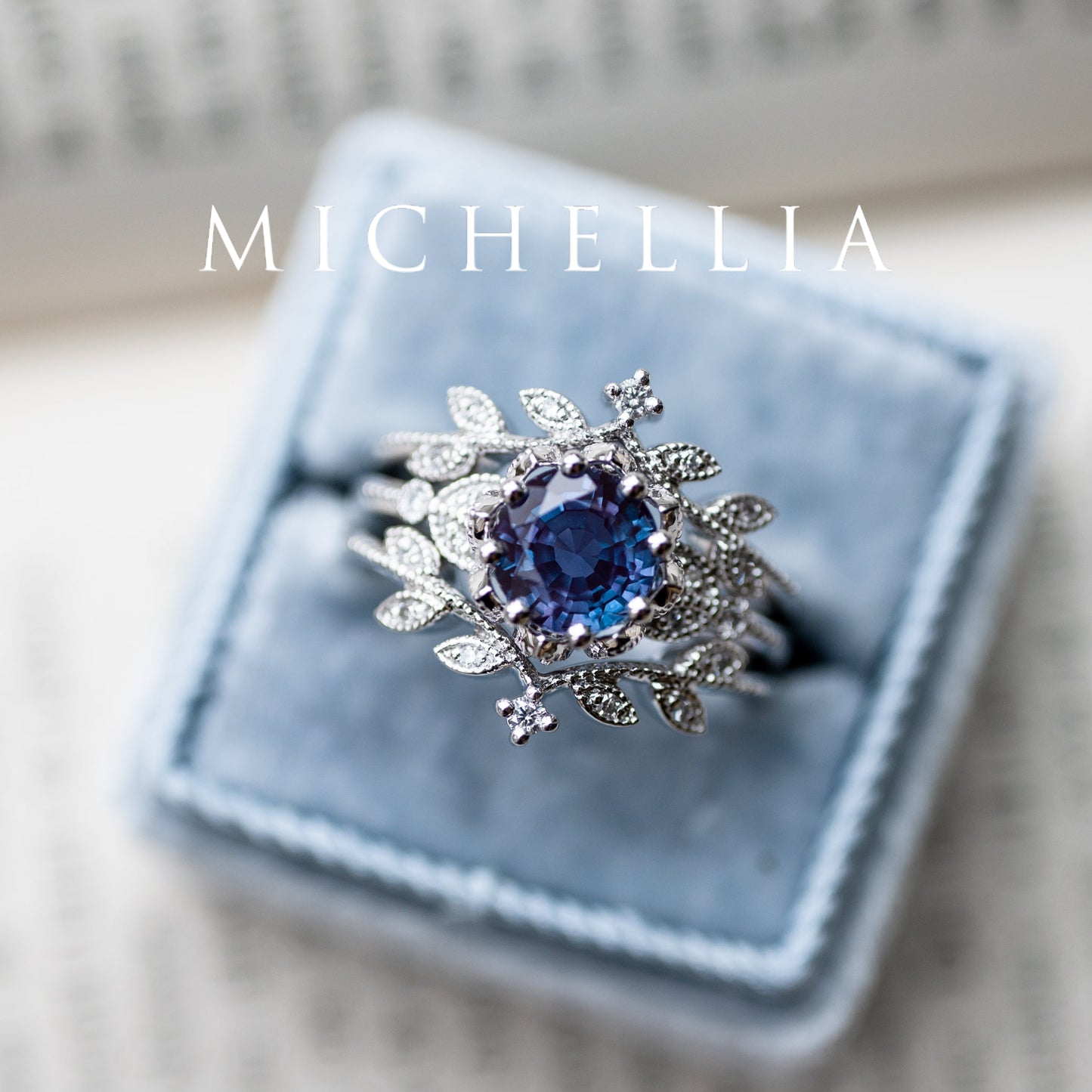 [Evanthe] Vintage Floral Engagement Ring in Blue Sapphire