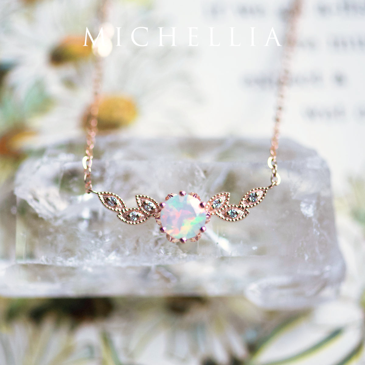 [Dahlia] Floral Leaf Necklace in Opal