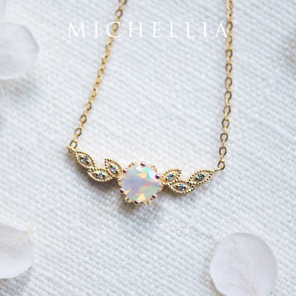 [Dahlia] Floral Leaf Necklace in Opal
